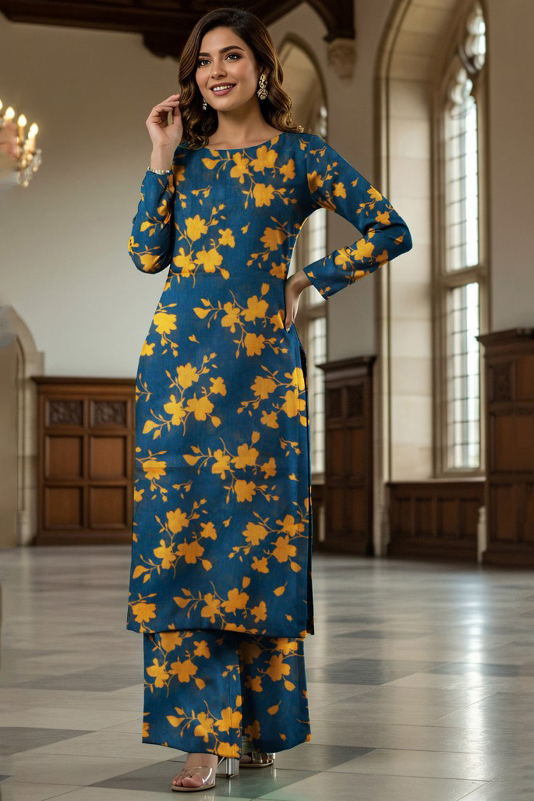 Luxury Digital Lawn Allover Print 2-Piece Suit – Mustard Blue with Orange Floral Print
