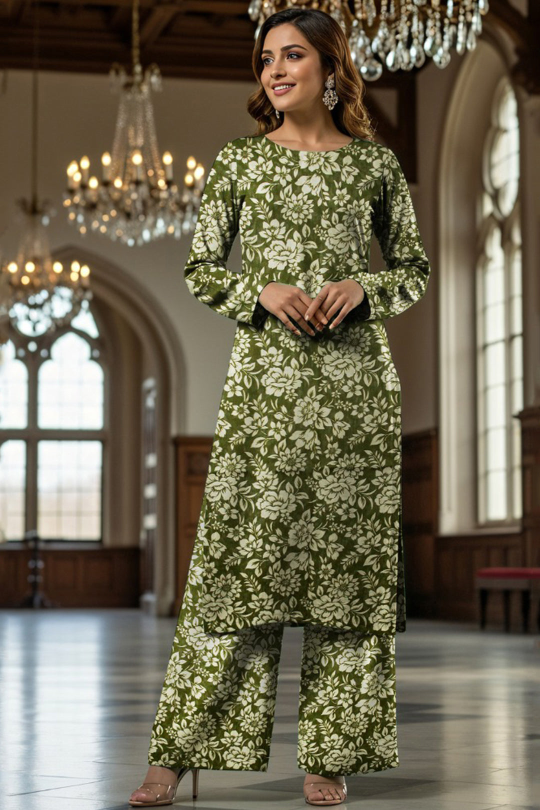Luxury Digital Lawn Allover Print 2-Piece Suit – Green with White Floral