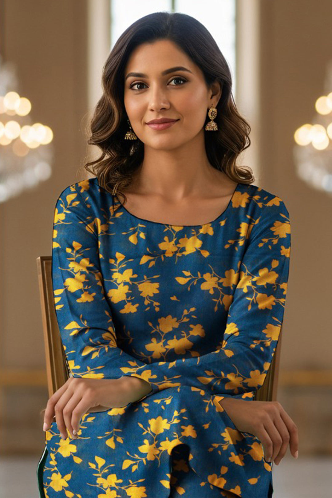 Luxury Digital Lawn Allover Print 2-Piece Suit – Mustard Blue with Orange Floral Print