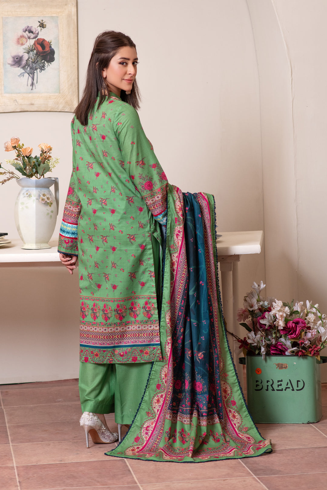 3 Piece Unstitched Apple Green Premium Lawn