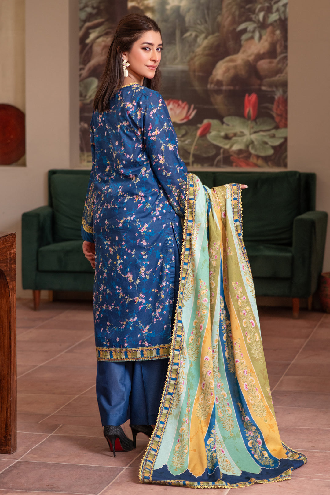 3 Piece Unstitched Blue Premium Lawn - 4