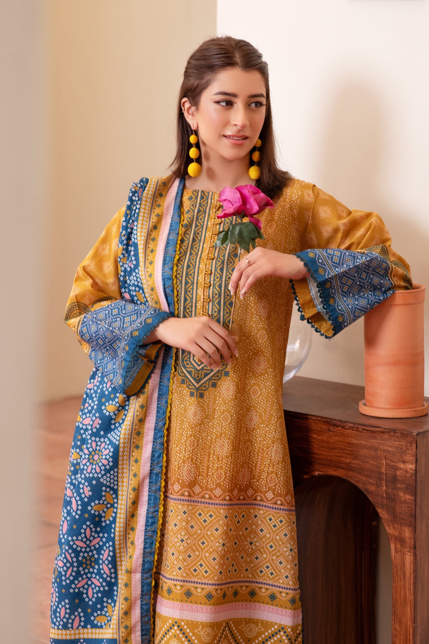 3 Piece Unstitched Mustard Premium Printed Lawn