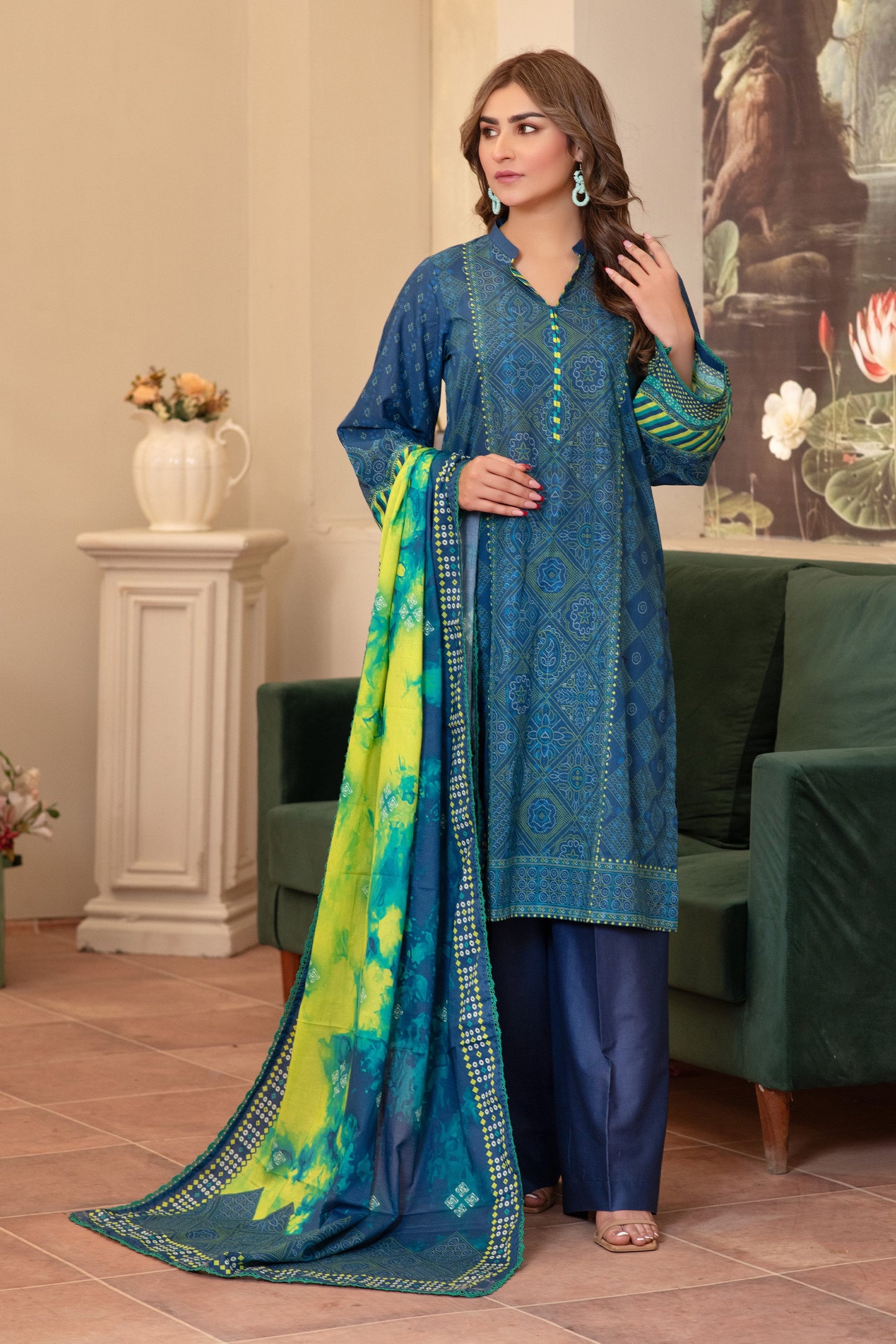 3 Piece Unstitched Navy Blue Premium Printed Lawn