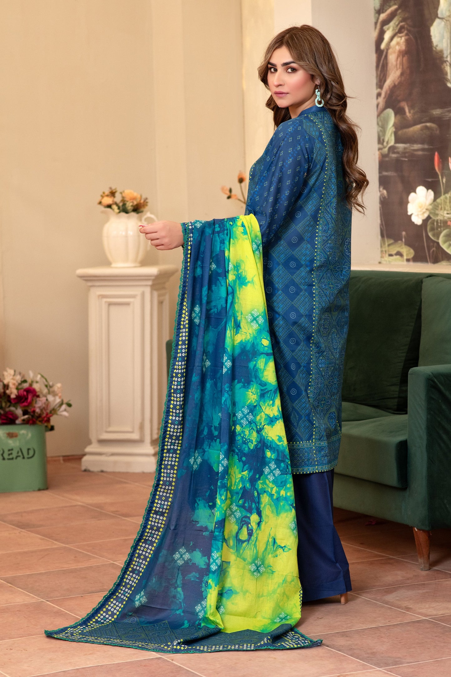 3 Piece Unstitched Navy Blue Premium Printed Lawn