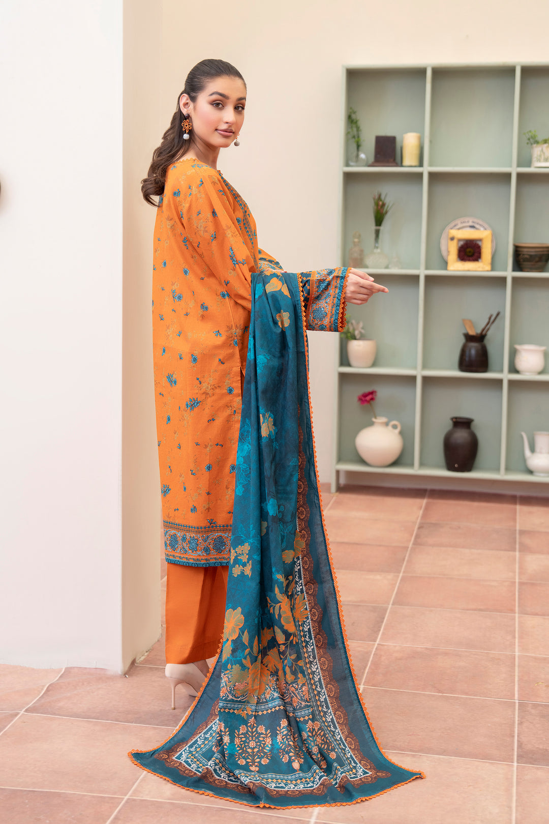 3 Piece Unstitched Orange Premium Printed Lawn