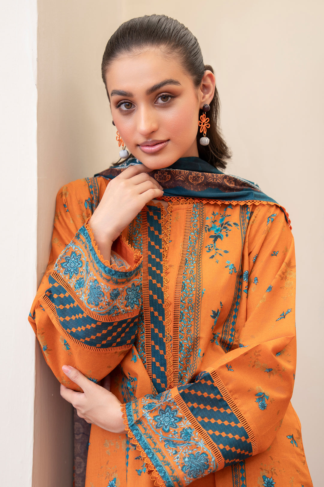3 Piece Unstitched Orange Premium Printed Lawn