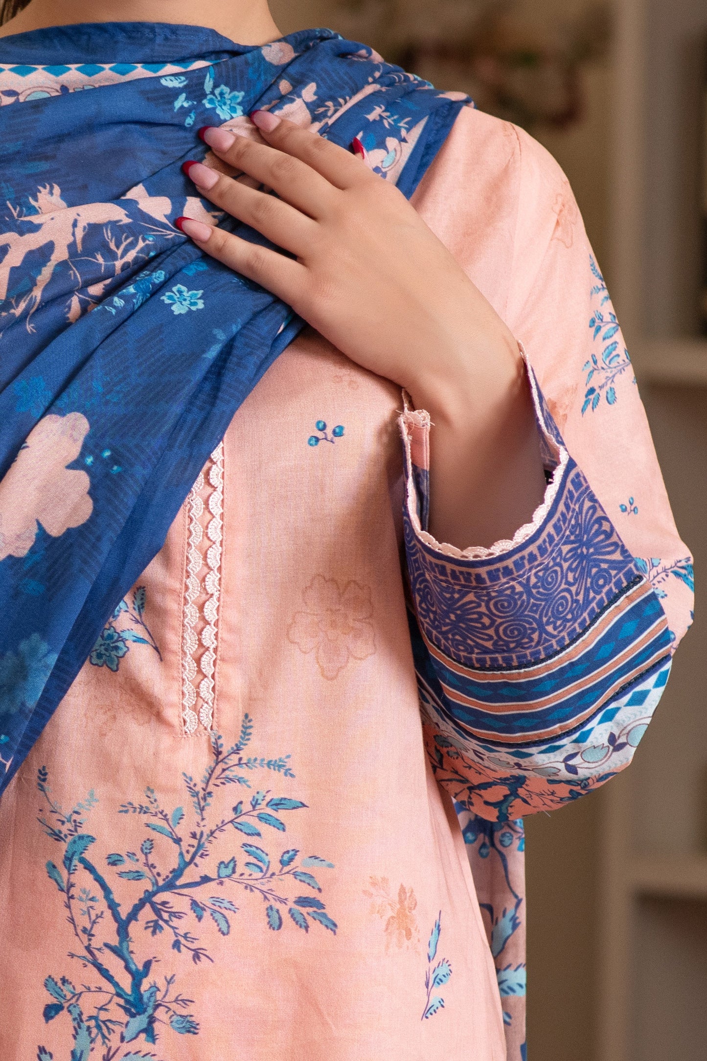 3 Piece Unstitched Peach Premium Printed Lawn