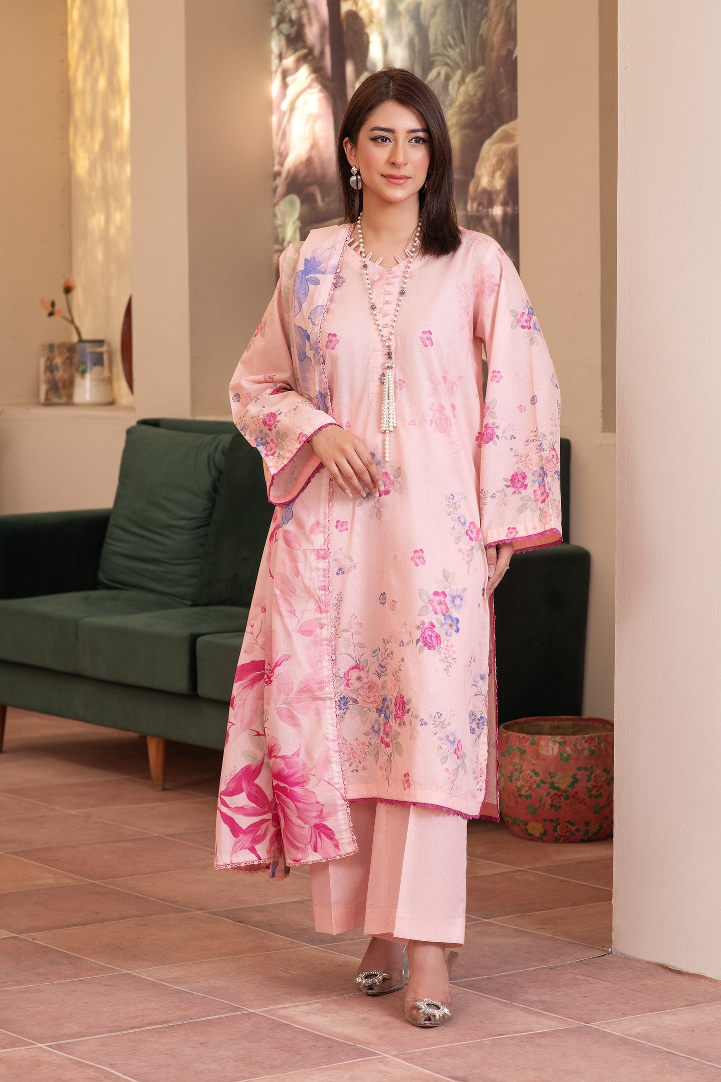 3 Piece Unstitched Peach Premium Printed Lawn