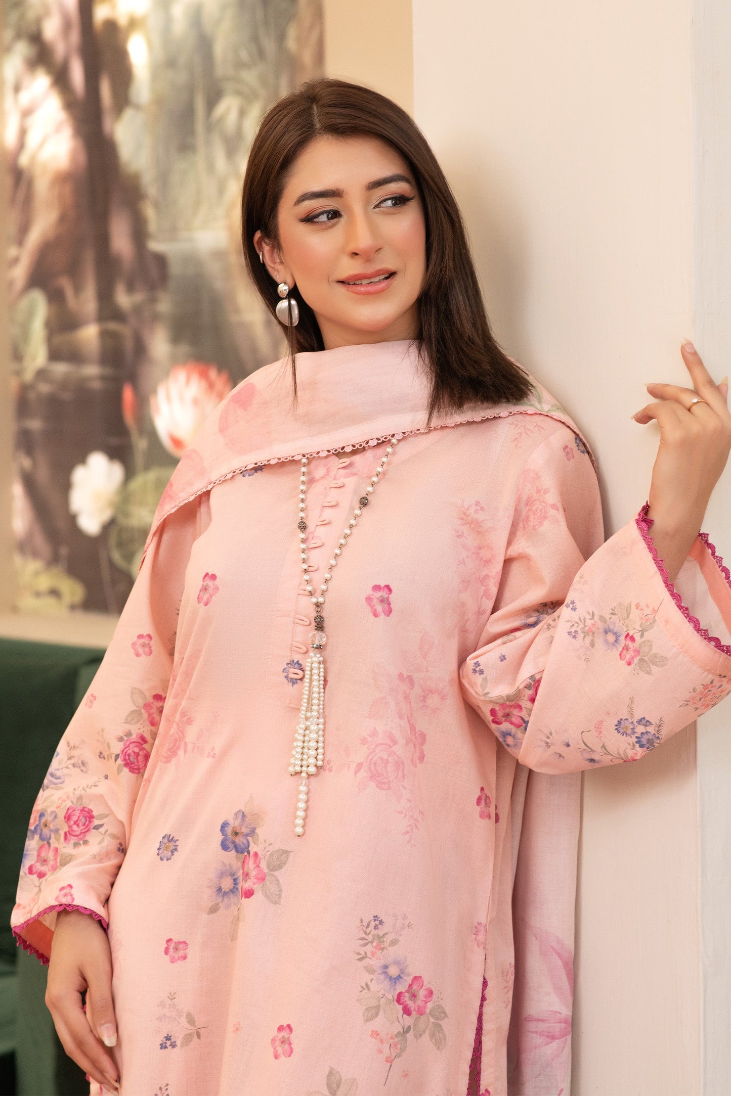 3 Piece Unstitched Peach Premium Printed Lawn