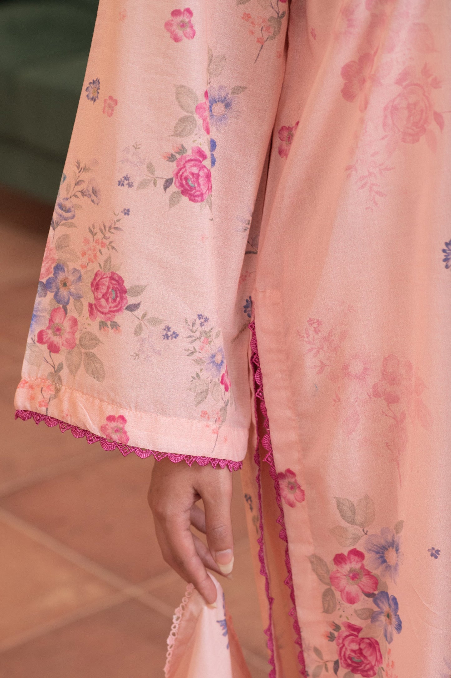 3 Piece Unstitched Peach Premium Printed Lawn