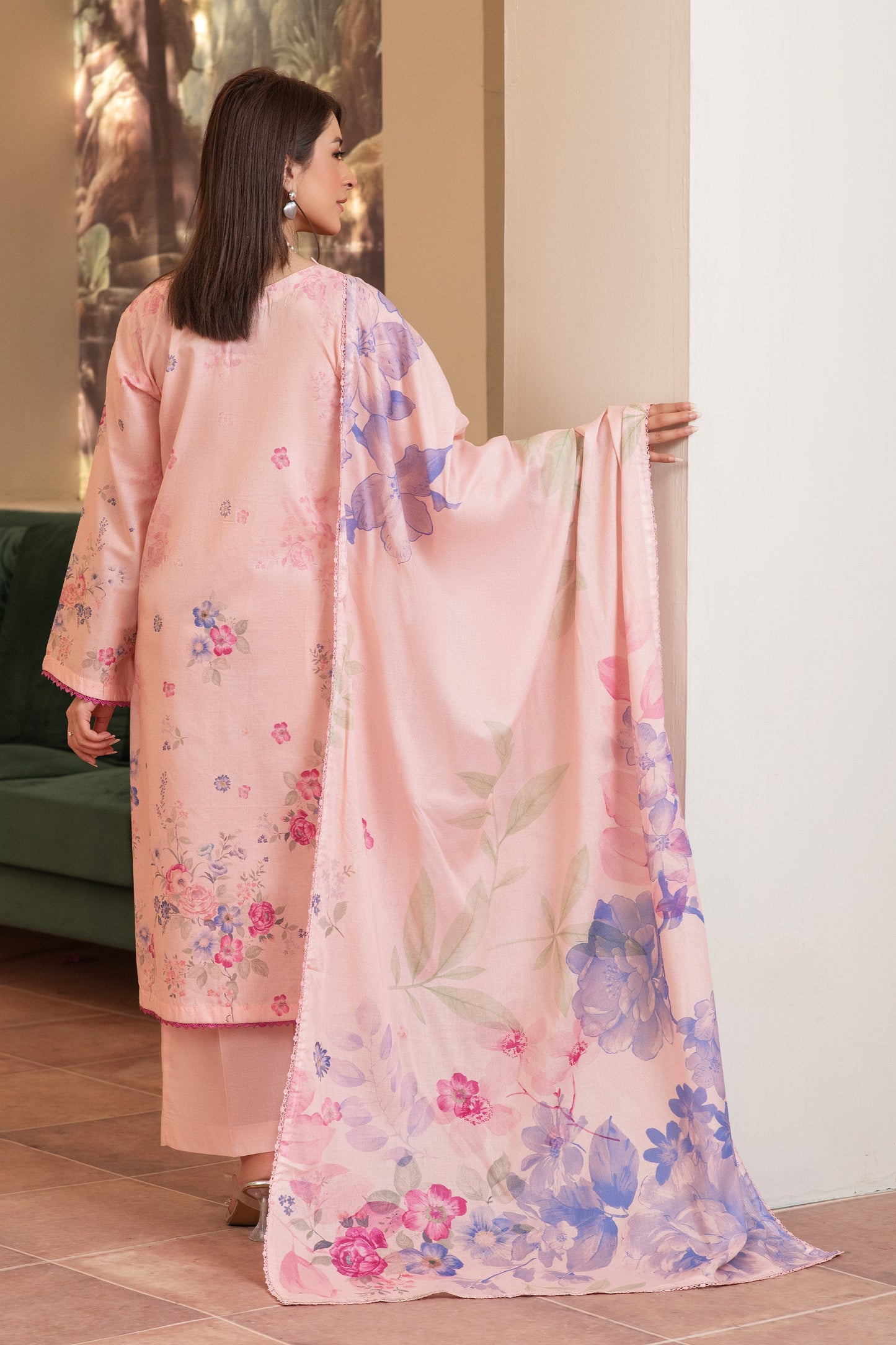 3 Piece Unstitched Peach Premium Printed Lawn