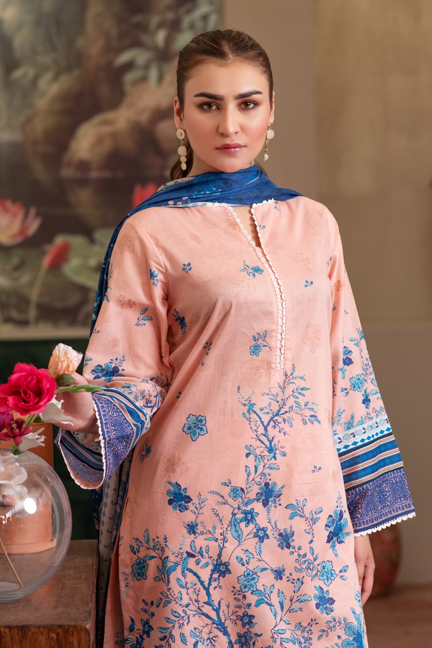 3 Piece Unstitched Peach Premium Printed Lawn