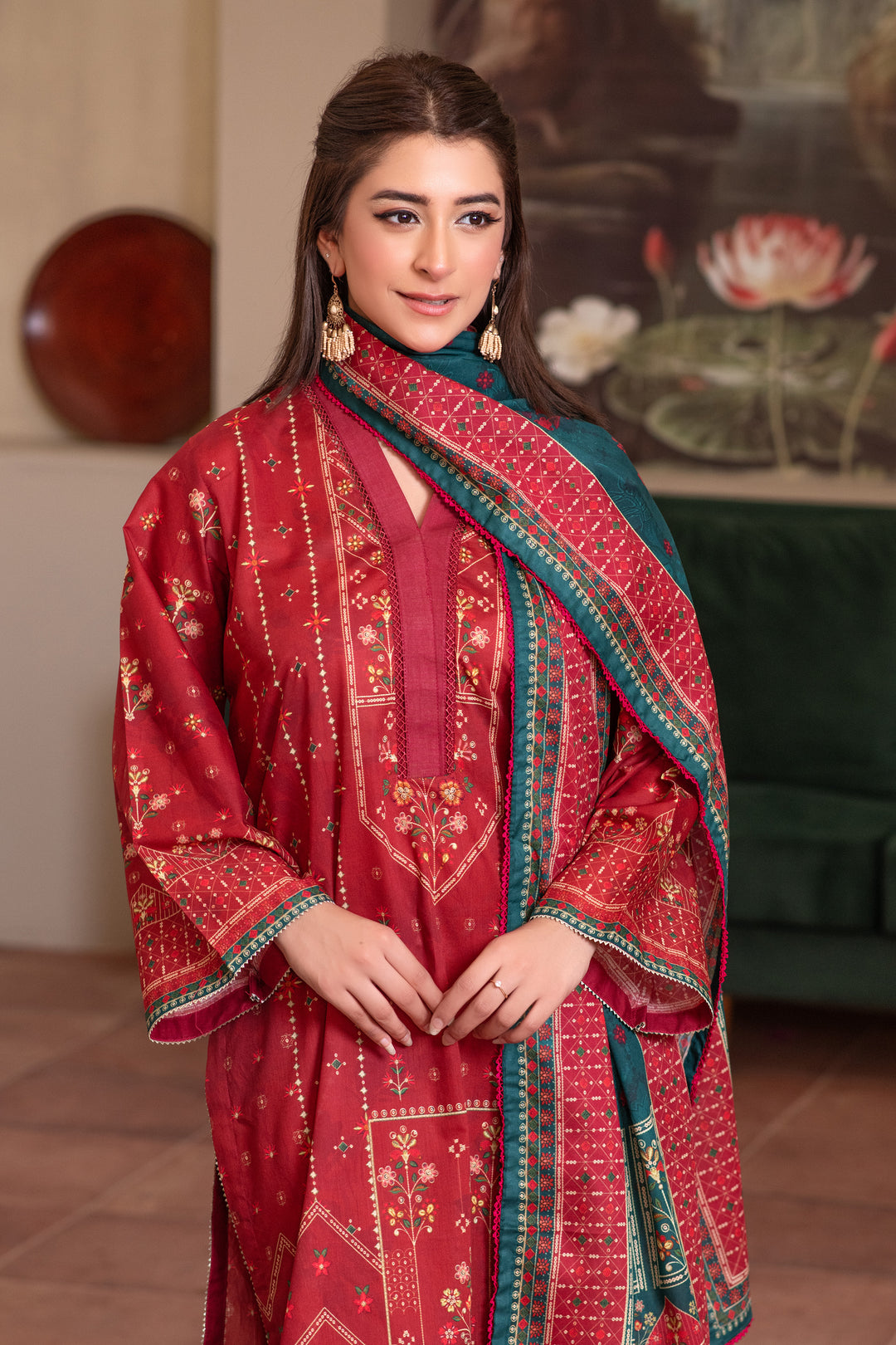 3 Piece Unstitched Red Premium Lawn