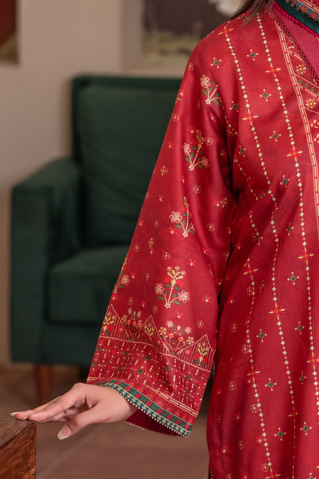 3 Piece Unstitched Red Premium Lawn
