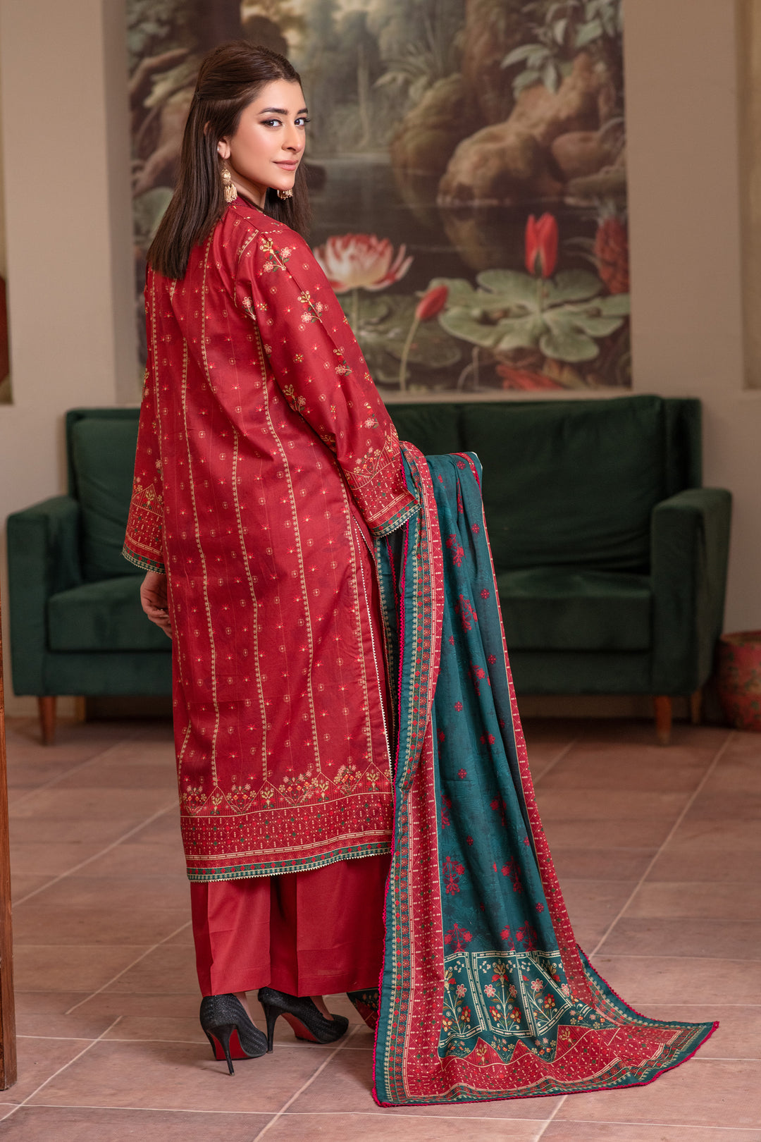 3 Piece Unstitched Red Premium Lawn