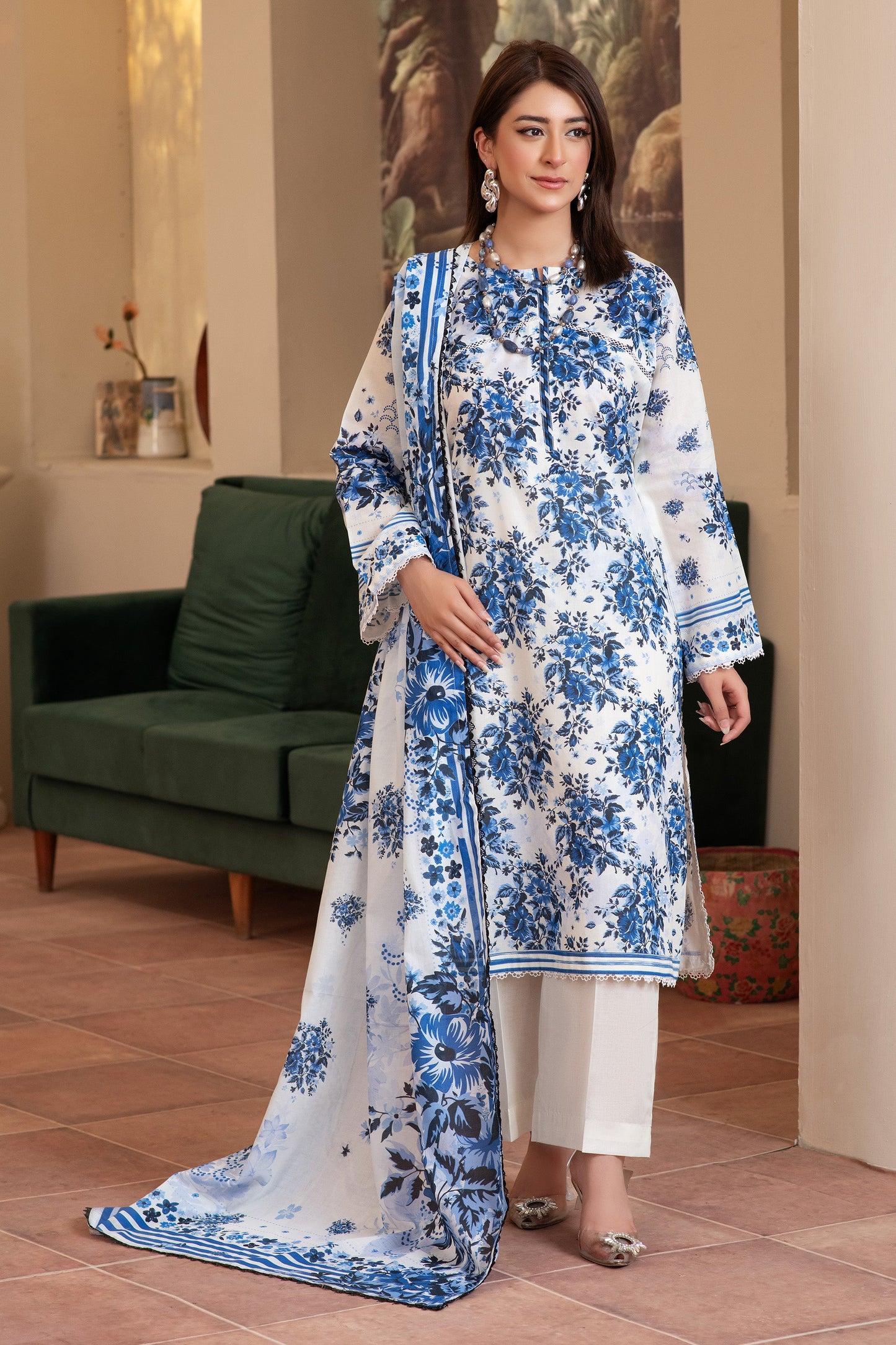 3 Piece Unstitched White Premium Printed Lawn