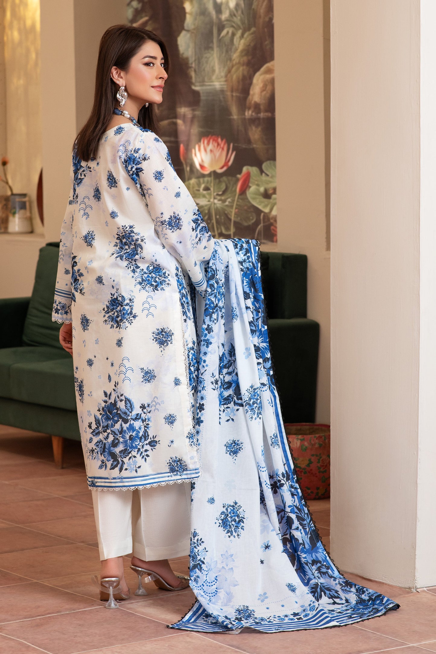 3 Piece Unstitched White Premium Printed Lawn