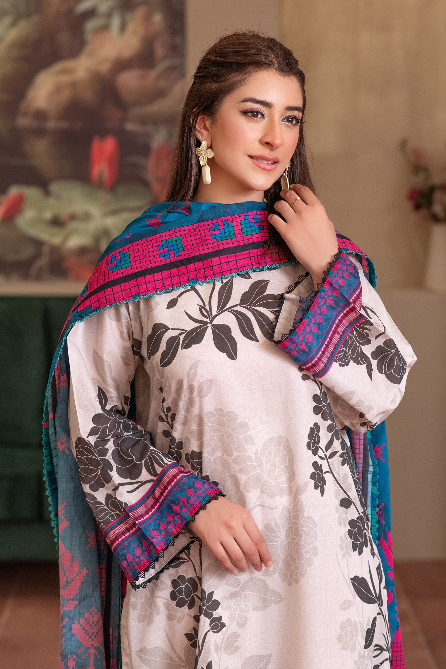 3 Piece Unstitched White Smoke Premium Printed Lawn