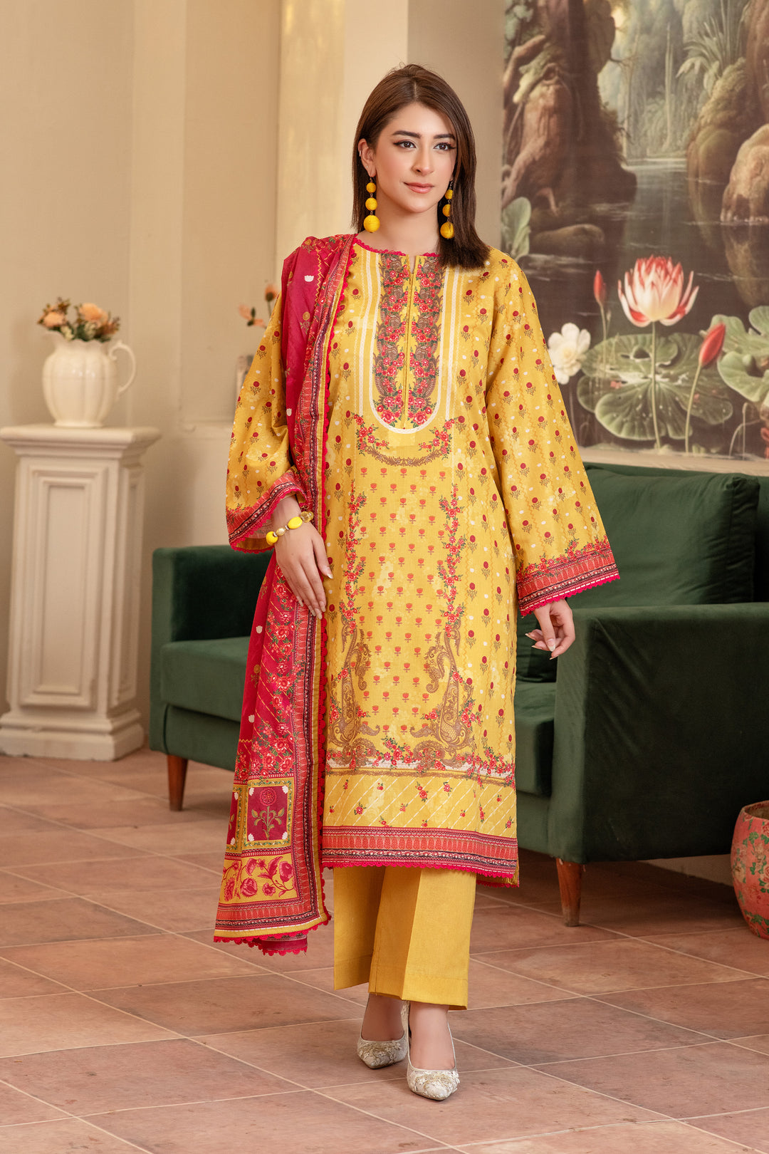 3 Piece Unstitched Yellow Premium Lawn - 4
