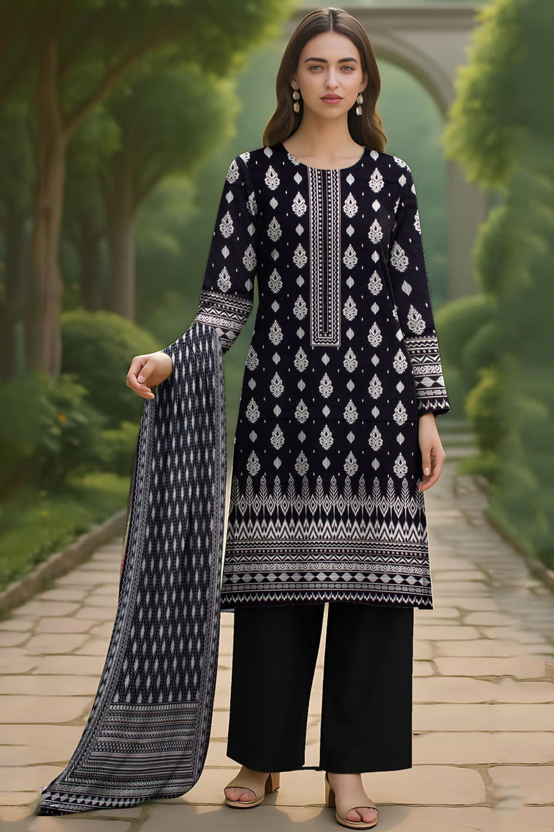 Black & White Printed Doriya Linen 3-Piece Suit