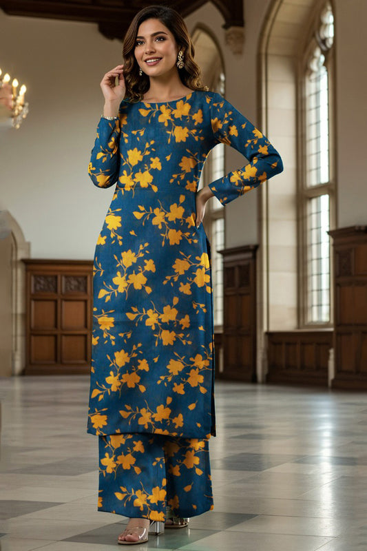 Luxury Digital Lawn Allover Print 2-Piece Suit – Mustard Blue with Orange Floral Print