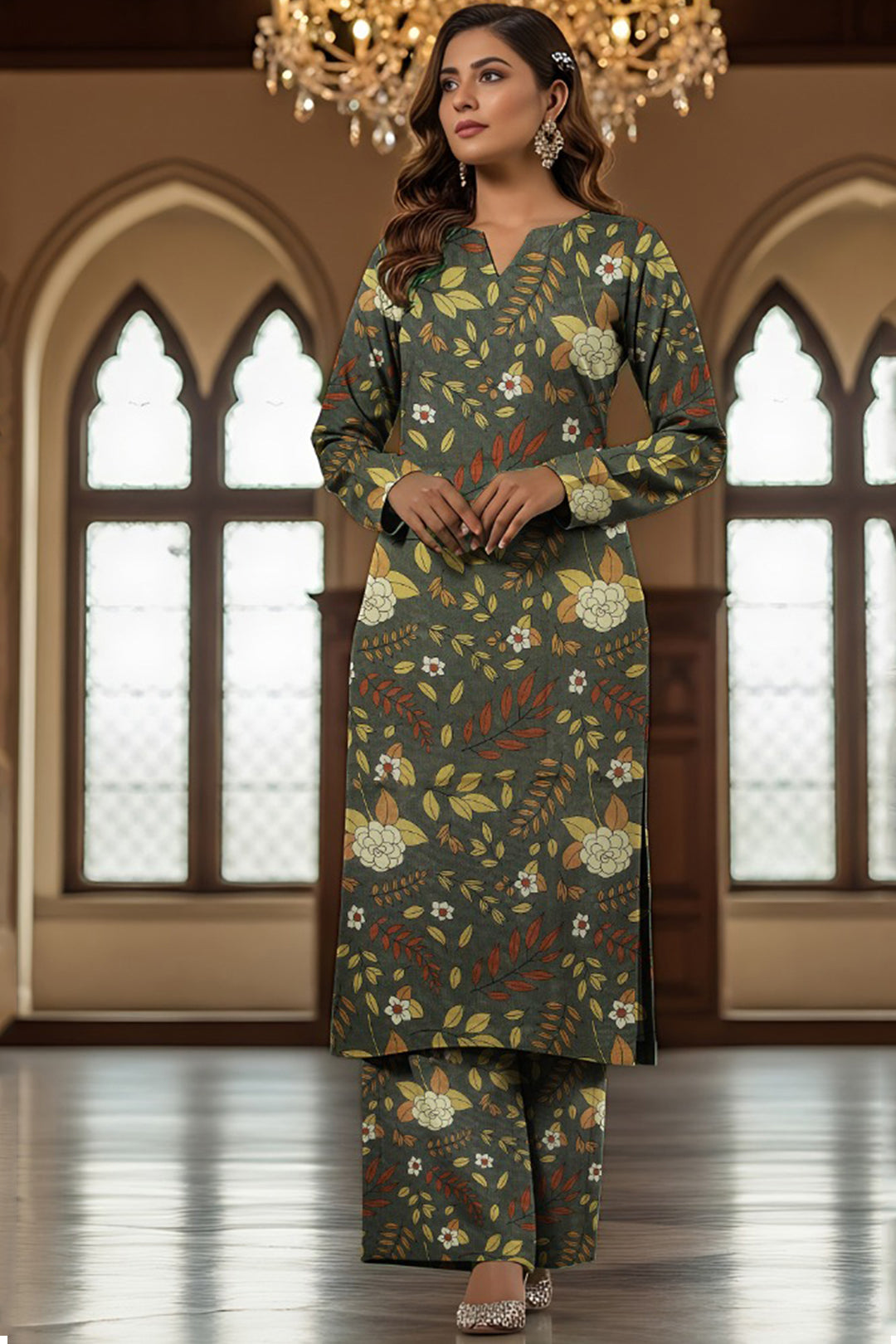 Luxury Digital Lawn Allover Print 2-Piece Suit – Dark green with Floral