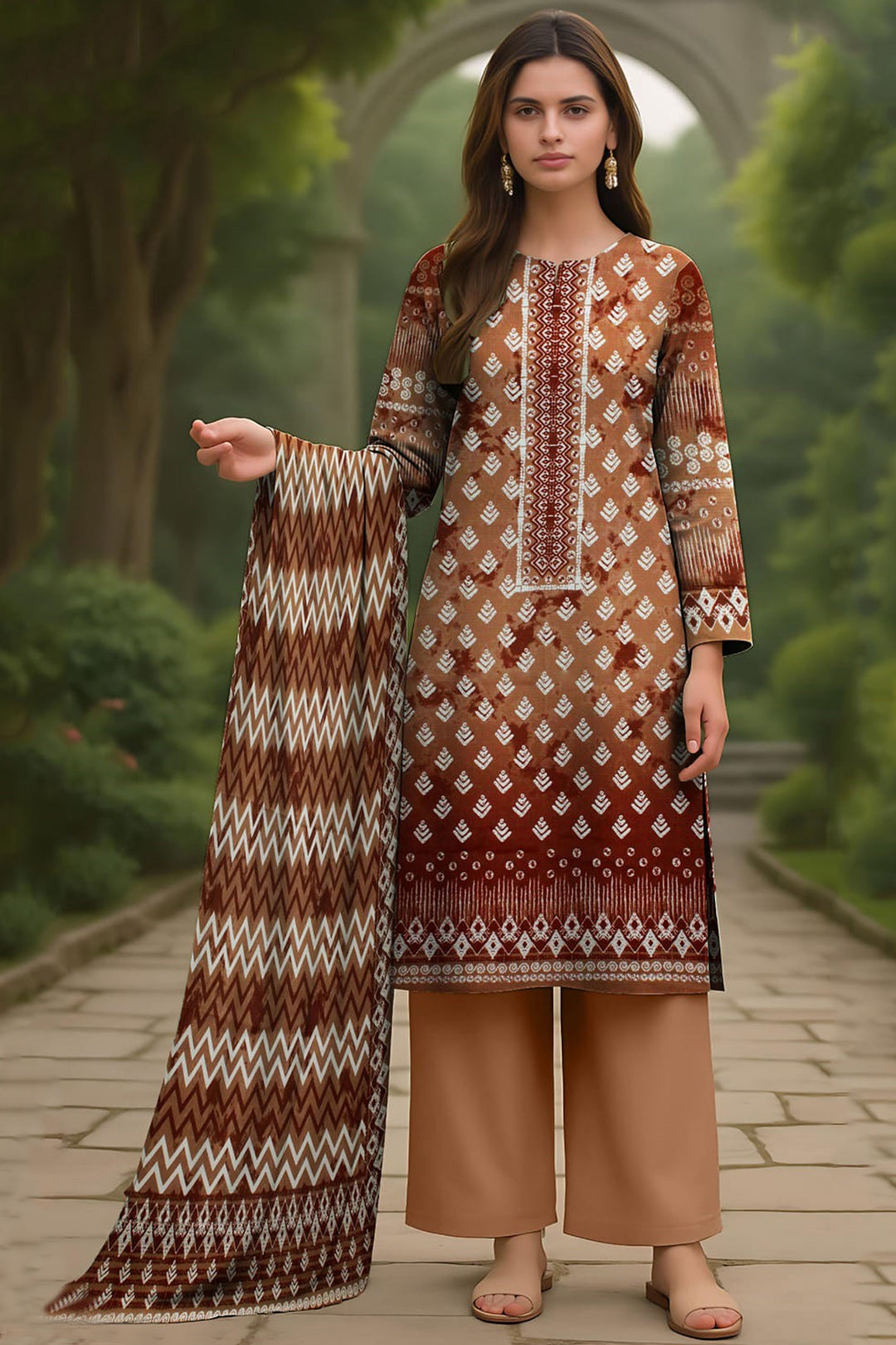 Brown & White Printed Doriya Linen 3-Piece Suit