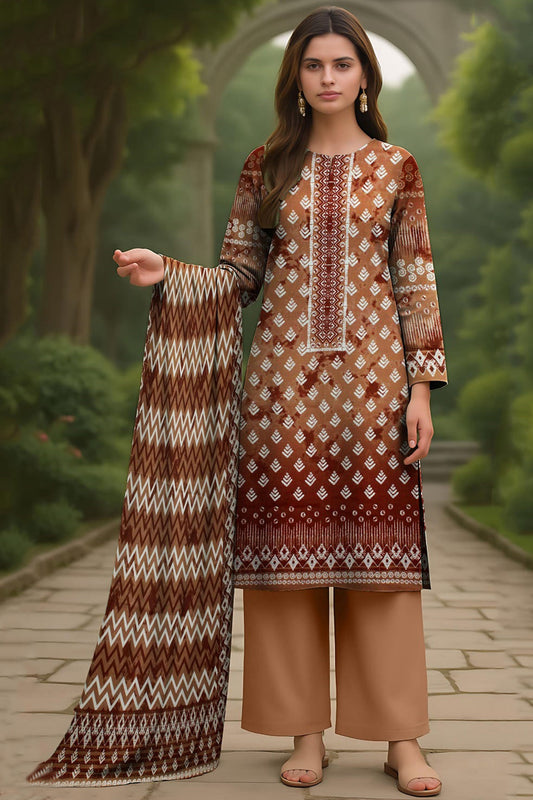 Brown & White Printed Doriya Linen 3-Piece Suit