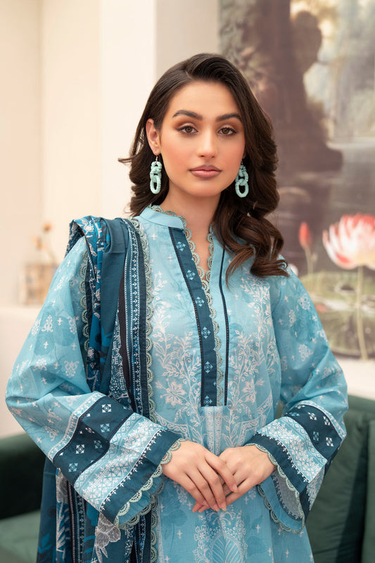 3 Piece Unstitched Aqua Blue Premium Lawn