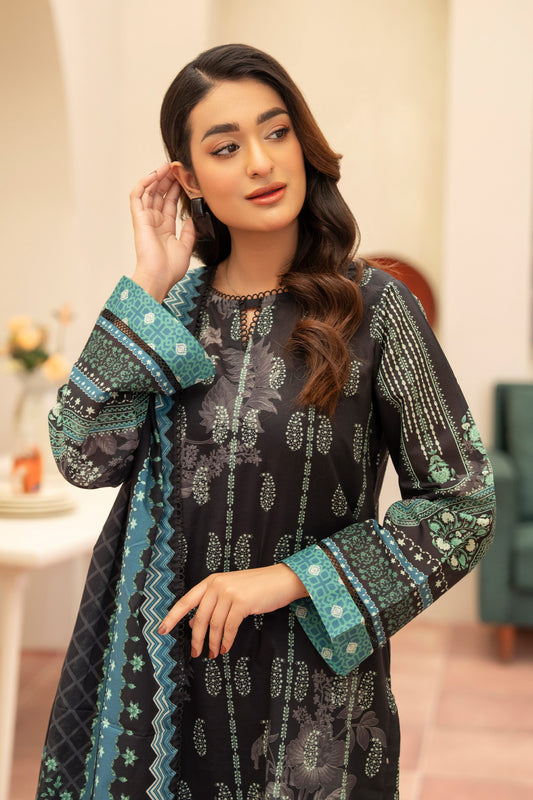 3 Piece Unstitched Black Premium Printed Lawn