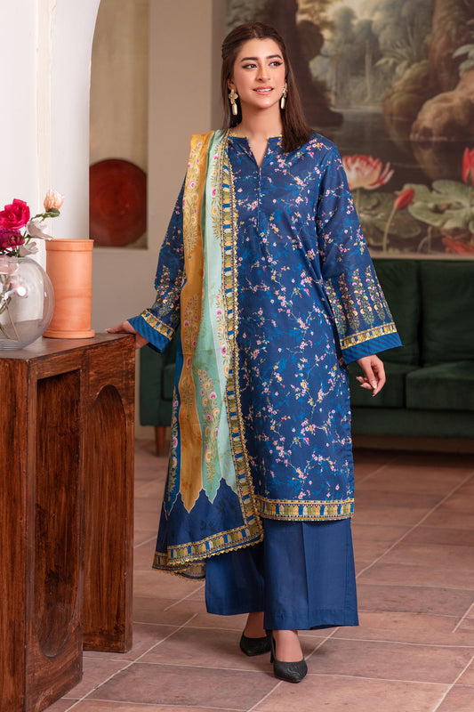 3 Piece Unstitched Blue Premium Lawn - 4