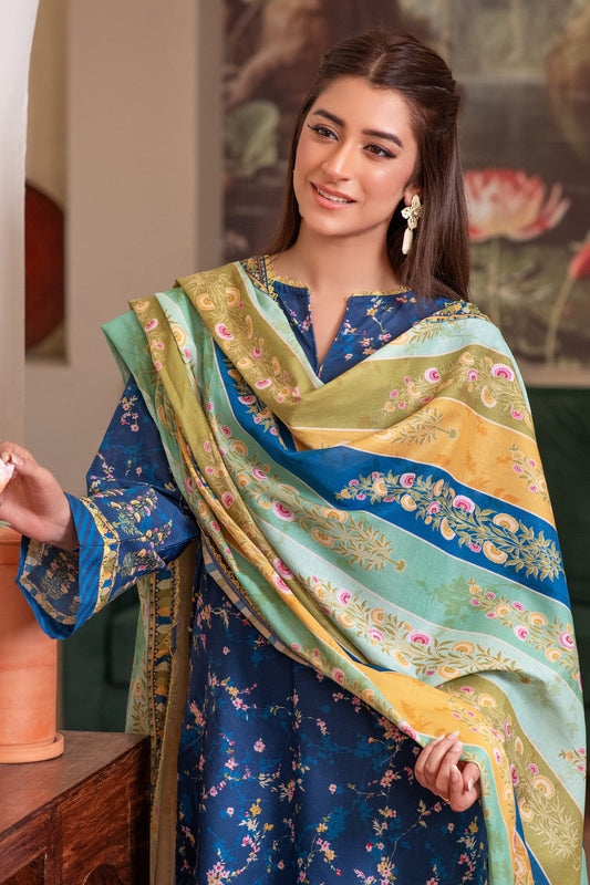 3 Piece Unstitched Blue Premium Lawn - 4