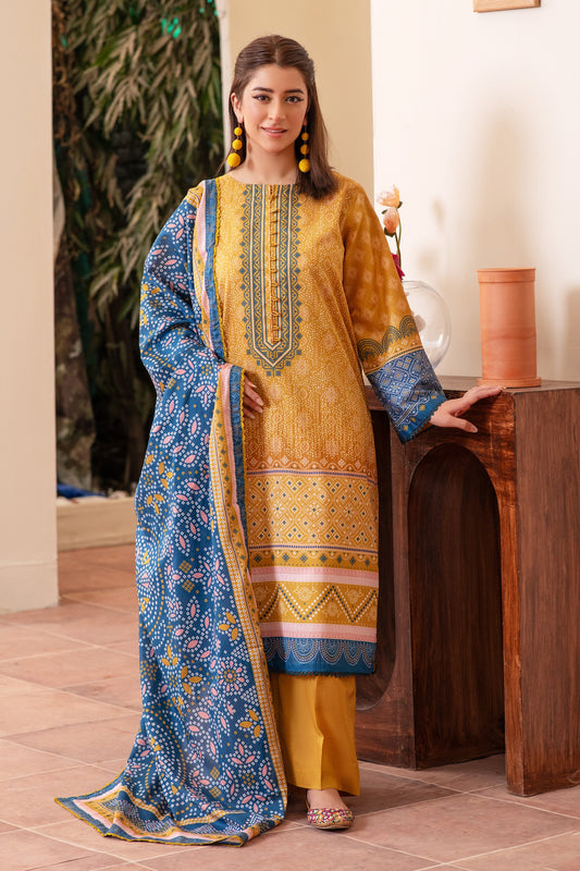 3 Piece Unstitched Mustard Premium Printed Lawn