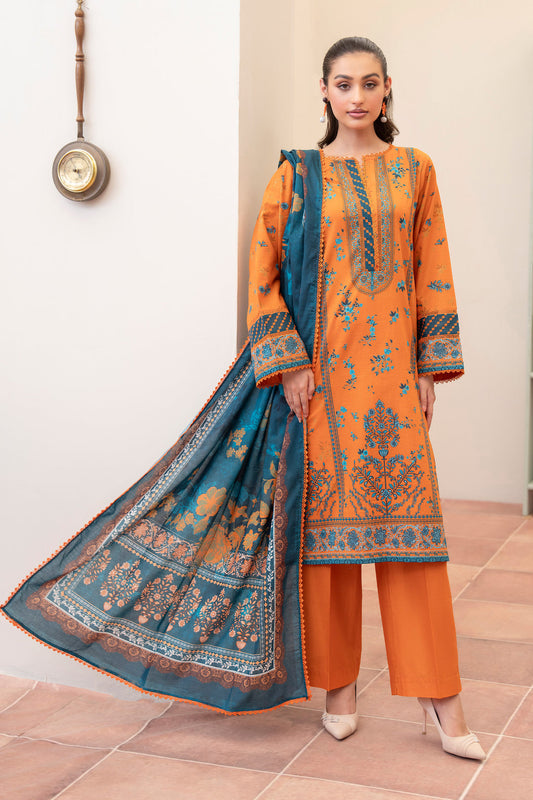 3 Piece Unstitched Orange Premium Printed Lawn
