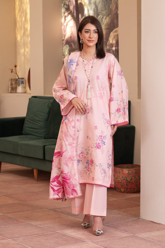 3 Piece Unstitched Peach Premium Printed Lawn