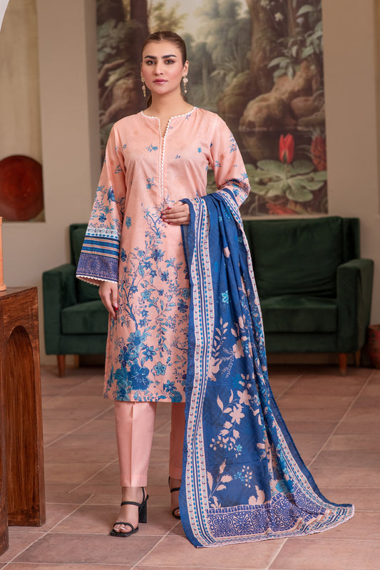 3 Piece Unstitched Peach Premium Printed Lawn