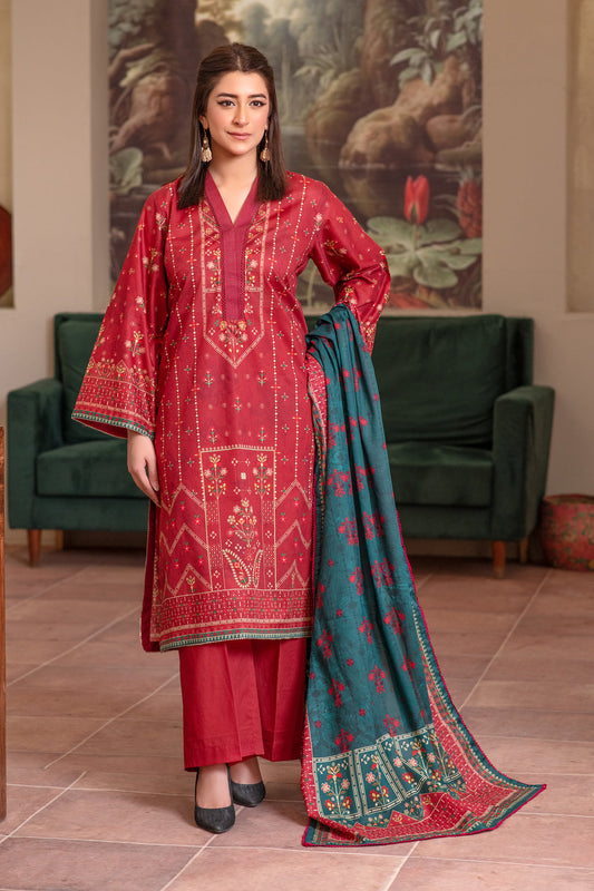 3 Piece Unstitched Red Premium Lawn