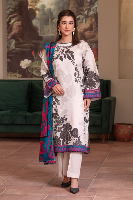 3 Piece Unstitched White Smoke Premium Printed Lawn