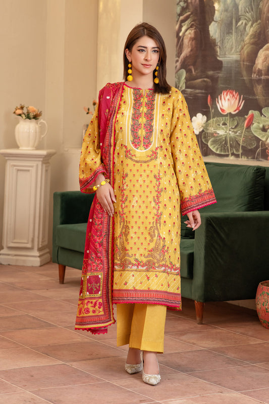3 Piece Unstitched Yellow Premium Lawn - 4