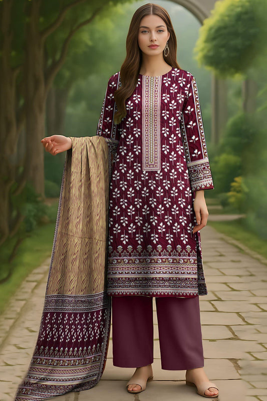 Wine Berry & White Printed Doriya Linen 3-Piece Suit
