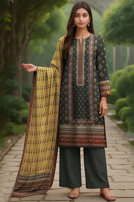 Dark Charcoal & Silver Chalice Printed Doriya Linen 3-Piece Suit