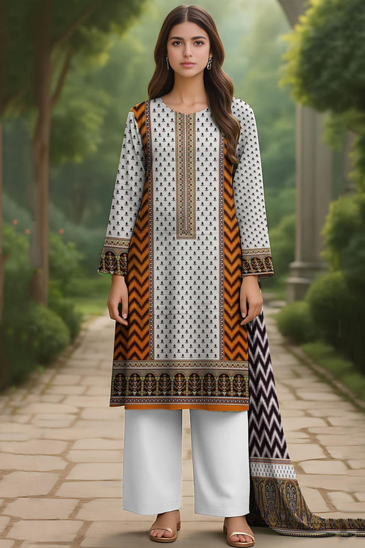 White & Dark Orange Printed Doriya Linen 3-Piece Suit
