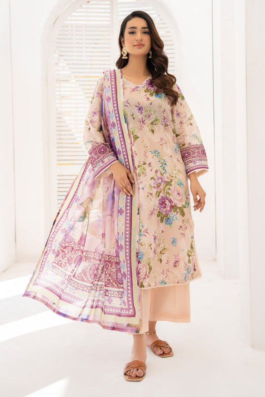 Peach 3 Piece Unstitched Premium Lawn - 4
